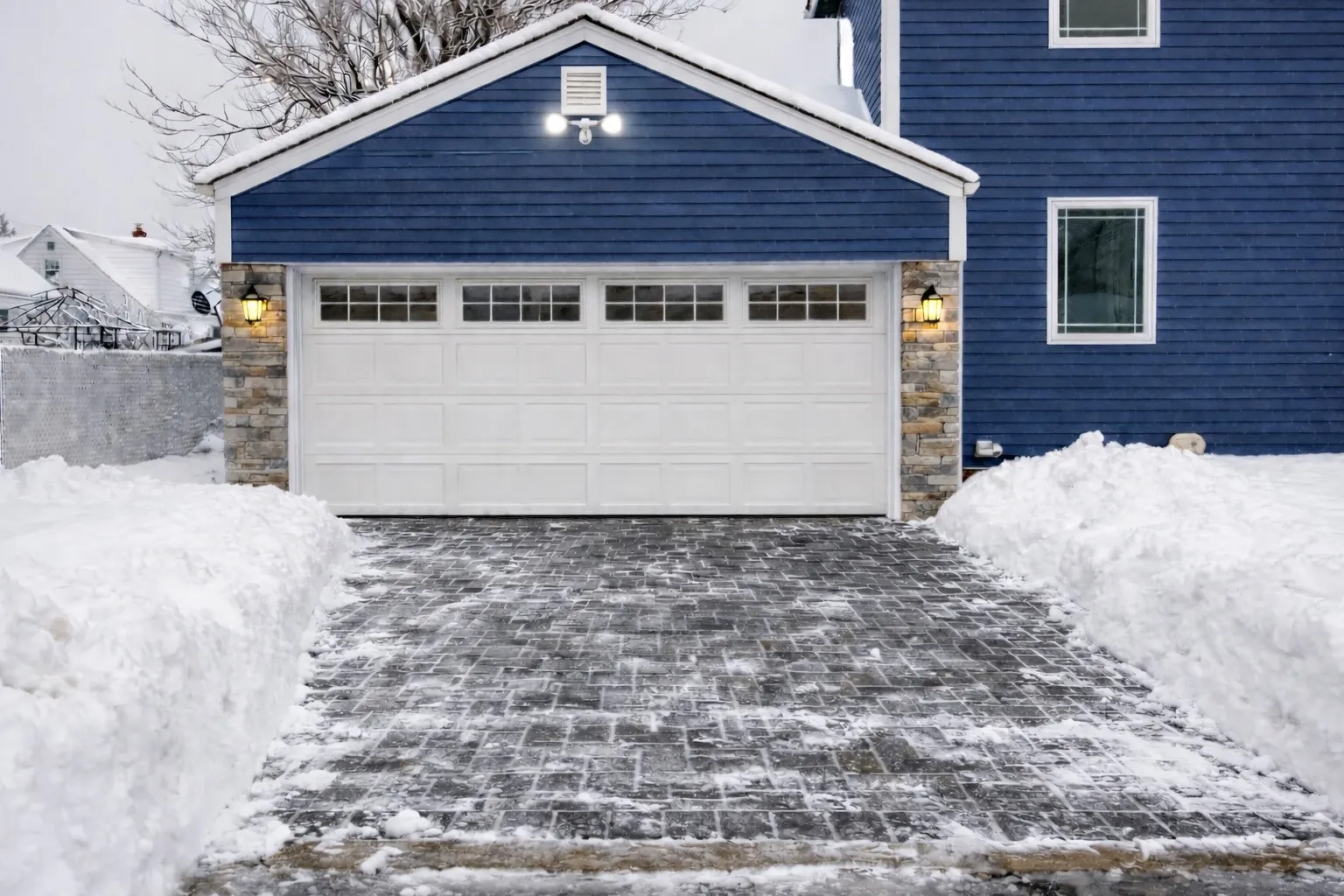Custom garage — Elmwood Park, NJ — finished exterior with stone accents and carriage door