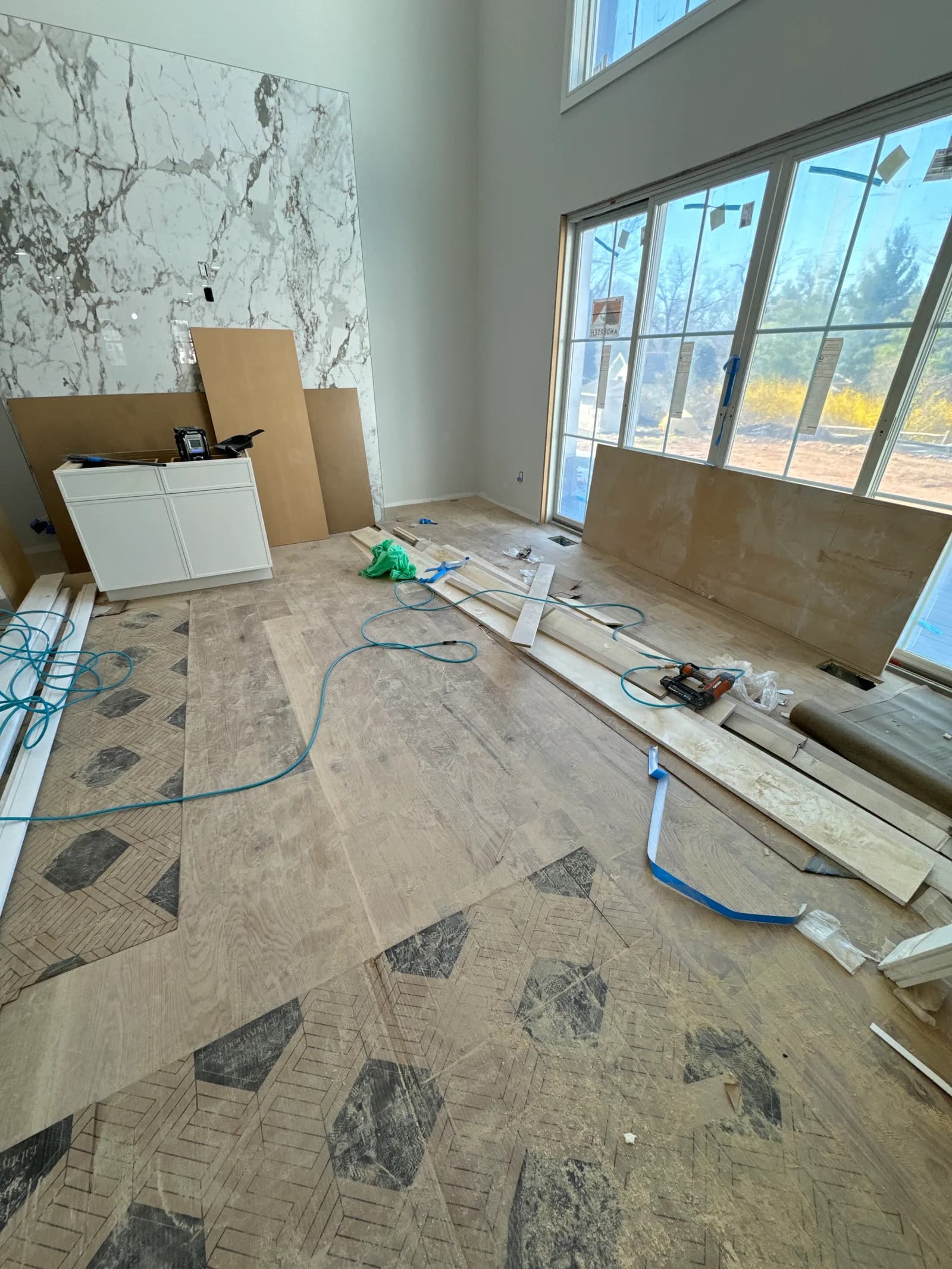 Primary bath during marble slab installation