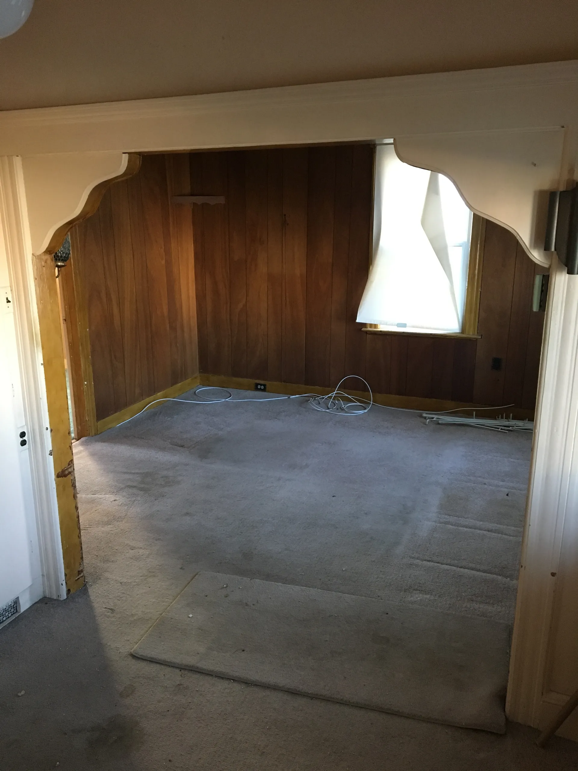 Wood-paneled living room before renovation